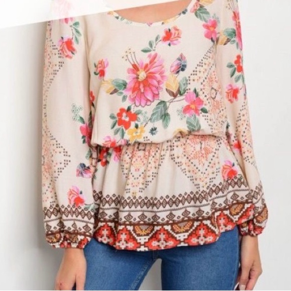 Colorful Floral Top with Gathered Waist - Picture 1 of 4